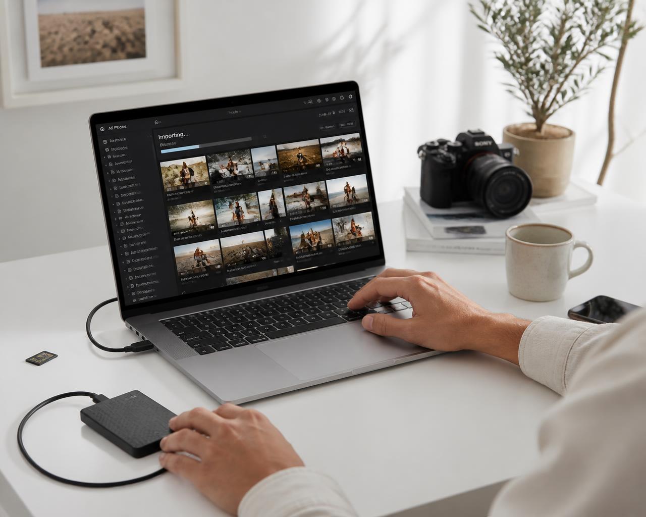 Creator uploading and managing photo and video files on a laptop