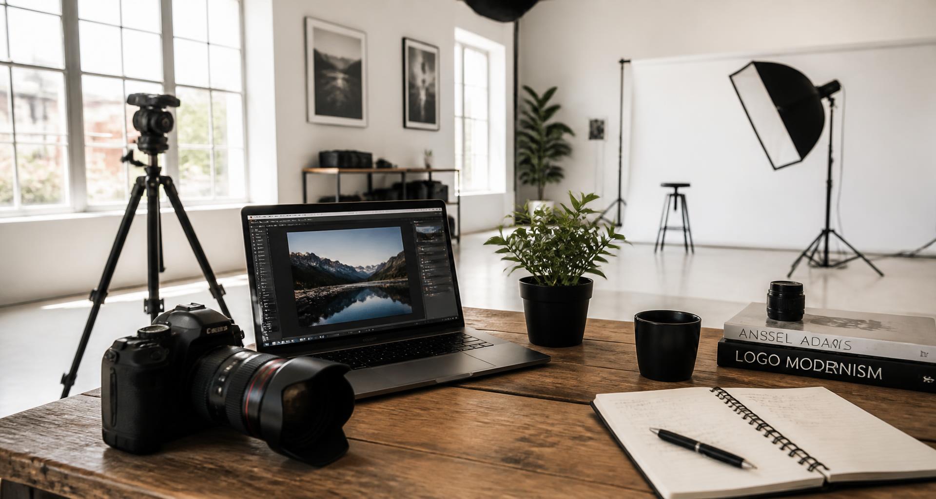 Modern photographer workspace with camera and laptop